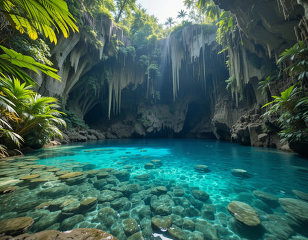 Cave with turquoise water. Khao Luang National Park, Thailandの素材