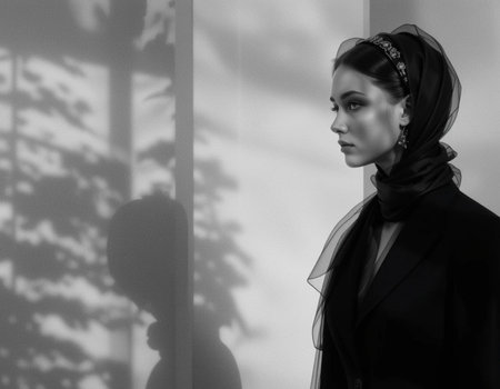 Portrait of a beautiful girl in a black coat with a headscarfの素材