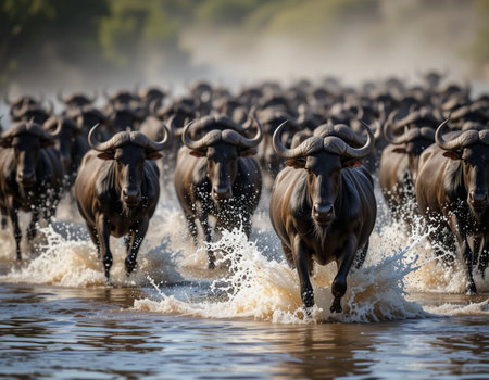 Wildebeest (Connochaetes taurinus) crossing the Chobe River in Botswana, Africaの素材