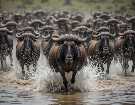 Wildebeest (Connochaetes taurinus) crossing the Mara river in Kenyaの素材
