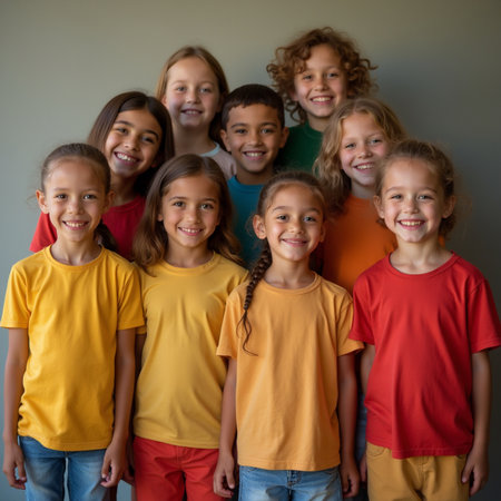 Portrait of group of smiling kids standing together in front of cameraの素材