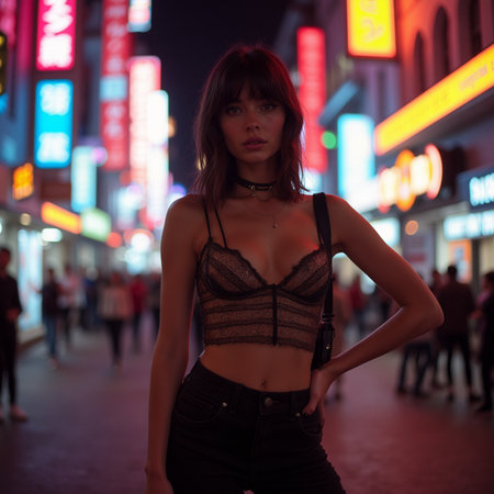 Beautiful young woman at night in New York City, wearing a black bra and jeansの素材