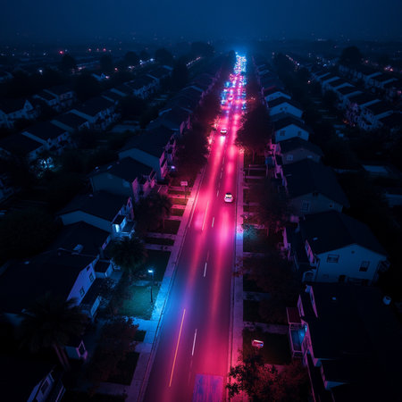 Aerial view of car light trails on road in city at nightの素材