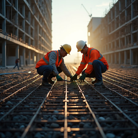 Two construction workers in uniform and helmets are working on the construction site.の素材