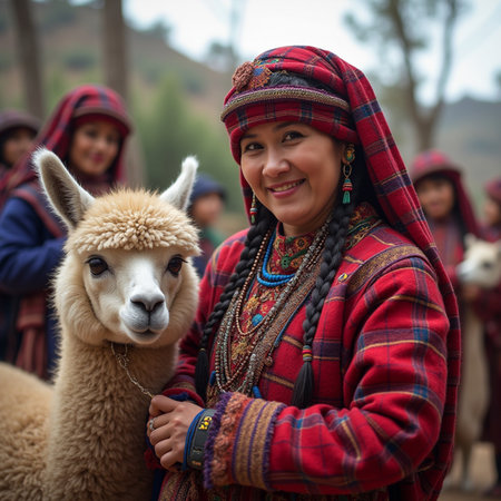 Unidentified Peruvian woman with alpaca in Peru, South Americaの素材
