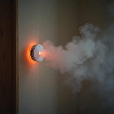 Smoke coming out of the wall of a room with a fire alarmの素材
