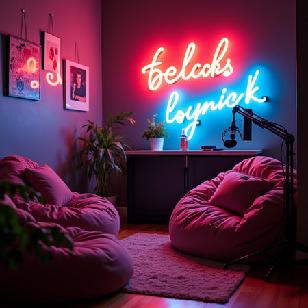 Interior of modern living room with pink and blue neon lights.の素材