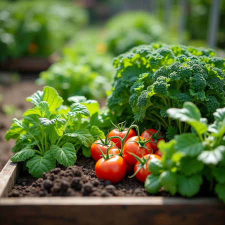 Organic vegetables in a container in the garden. Selective focus.の素材