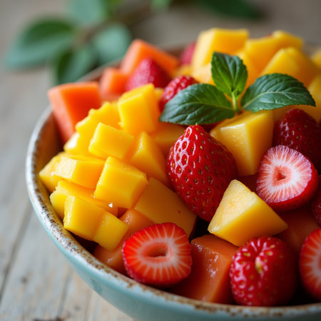Mango, strawberry and mango salad in a bowl, selective focusの素材