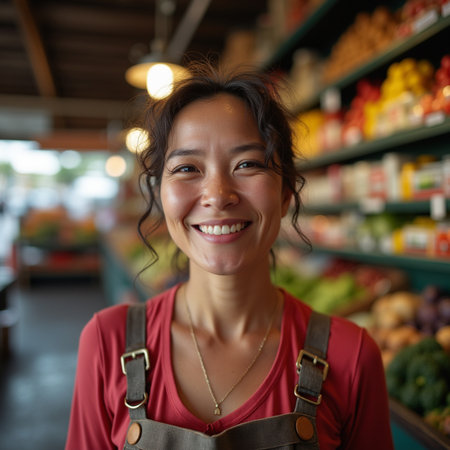 Portrait of smiling young Asian woman standing in grocery store, looking at cameraの素材