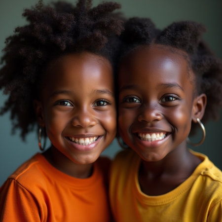 Portrait of two cute African American girls smiling at cameraの素材