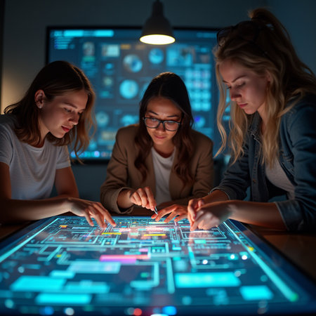 Group of young women working on project together at night in office.の素材