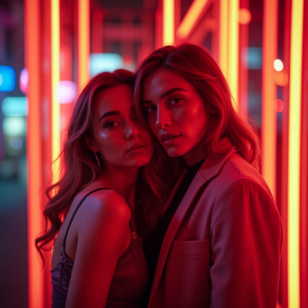 Portrait of two beautiful young women in the red neon lights.の素材