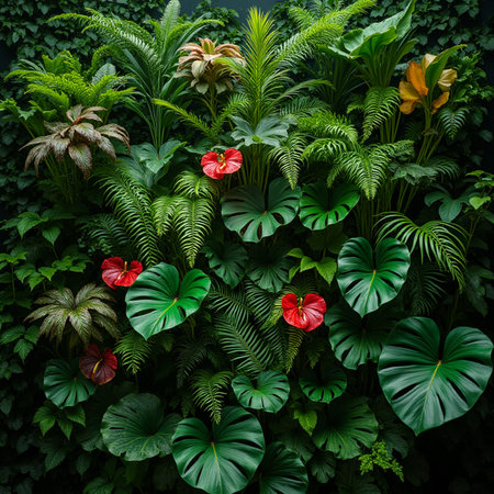 Tropical plants and flowers as a background. Nature concept.の素材