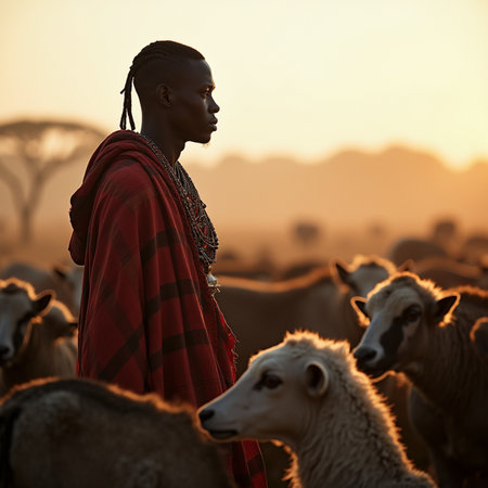 Portrait of a young African woman in traditional clothes standing among sheep herd at sunsetの素材