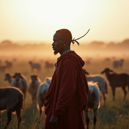 Rear view of an African man standing in a herd of sheep at sunsetの素材