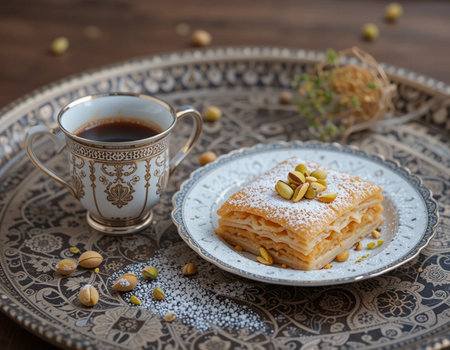 Cup of coffee and puff pastry with pistachios on a wooden backgroundの素材