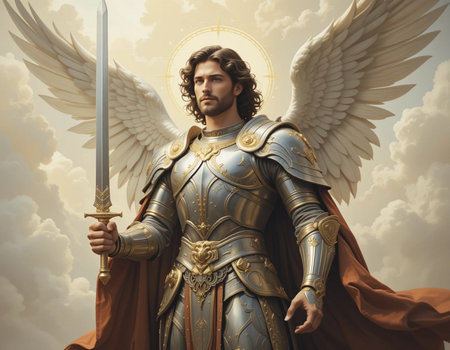 Portrait of a medieval knight with a sword in his hands.の素材