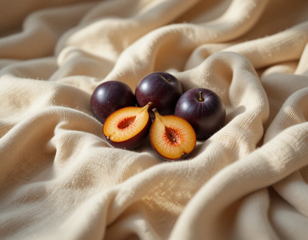 Plumes on beige fabric, close-up, selective focusの素材