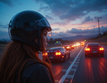 Young woman in motorcycle helmet looks at cars on the road at sunsetの素材