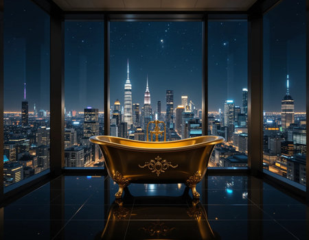 golden bathtub in modern bathroom with panoramic city skylineの素材
