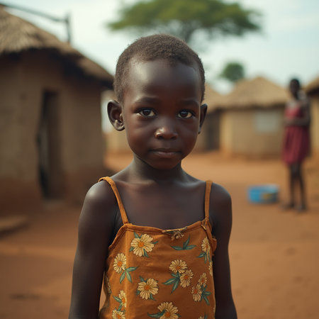 Portrait of a cute little African girl in the village. Africa.の素材