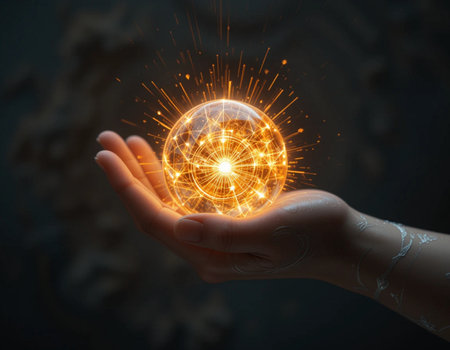 Close up of human hand holding glowing earth globe. 3D renderingの素材