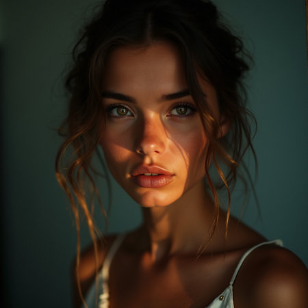 Portrait of beautiful young woman with wet hair looking at camera.の素材