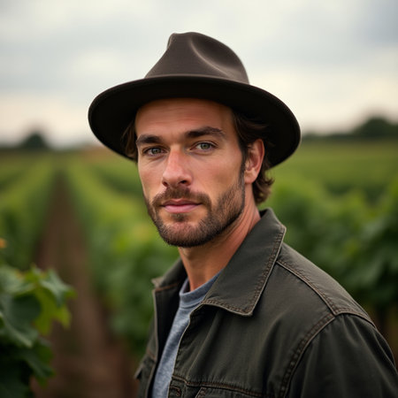 Portrait of a handsome man in a hat standing in a vineyardの素材