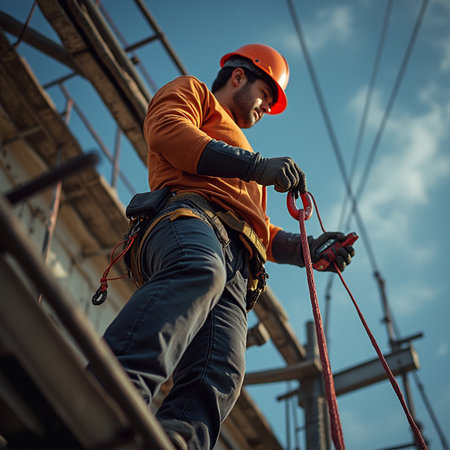 Portrait of a male construction worker with safety harness and safety equipment.の素材