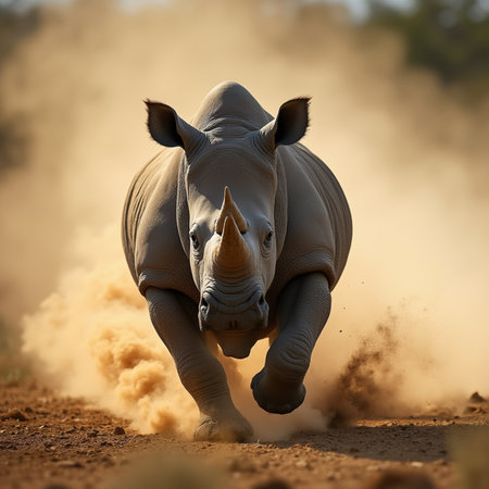 White rhinoceros (Ceratotherium simum) running in dustの素材