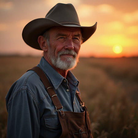 Portrait of a senior cowboy on a wheat field at sunset.の素材