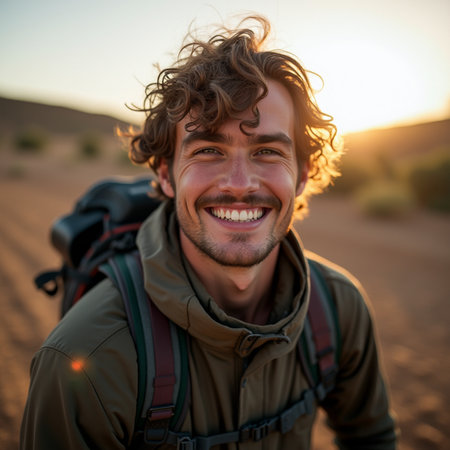 Portrait of a smiling young man with backpack in the desert at sunsetの素材