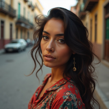 Portrait of a beautiful young brunette woman in a red dress posing in a city street.の素材