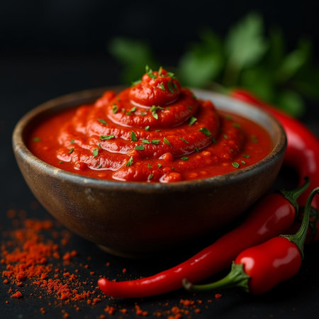 Tomato sauce with chili pepper and parsley on a black backgroundの素材
