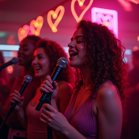 Portrait of beautiful young women singing in karaoke at nightclubの素材