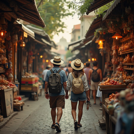 Couple of tourists walking in the old town of Xian, Chinaの素材