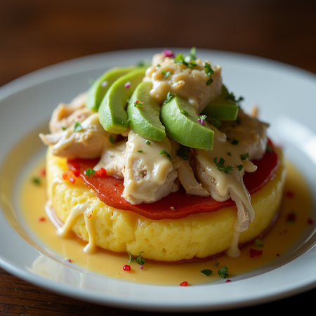 Creamy omelet with chicken and vegetables on a plateの素材