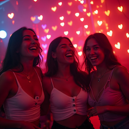 Group of young women dancing in night club with heart shaped lights.の素材