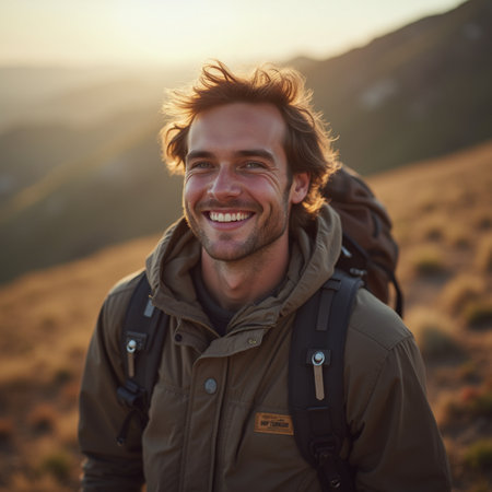 Handsome hiker smiling at camera on top of a mountainの素材