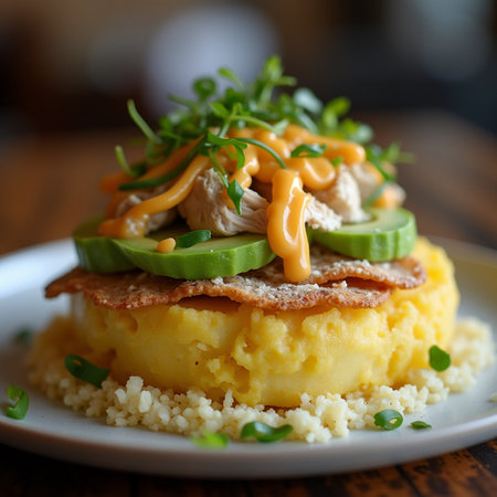 Mashed potatoes with chicken and cucumber salad, selective focus.の素材