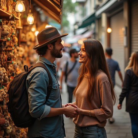 Couple in love walking through the streets of a European city.の素材
