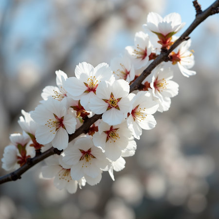 cherry blossom in spring, closeup of white flowers on branchの素材