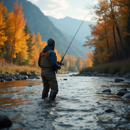 Fisherman with a spinning rod on the background of autumn forestの素材
