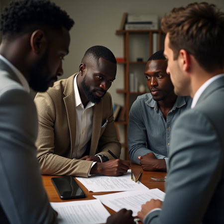 Group of young multiethnic business people sitting at table and working together in officeの素材