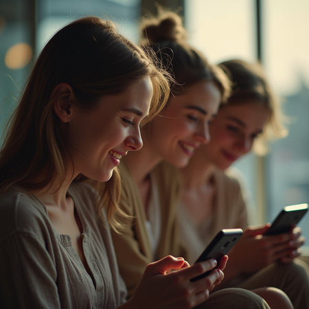 Three beautiful young women using mobile phones in the room at the windowの素材