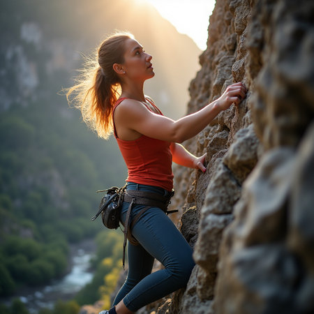 Young woman climbing on a rocky wall at sunset in the mountains.の素材