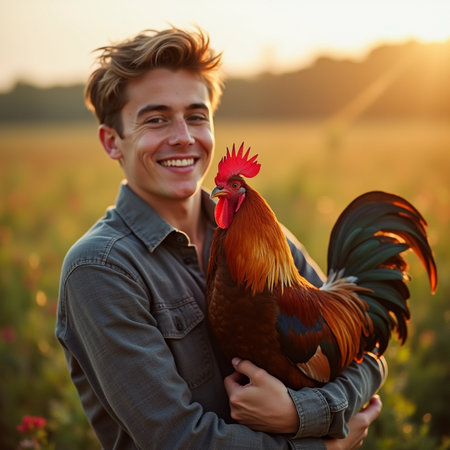Young man holding a rooster in his hands on a sunset backgroundの素材