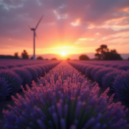 Beautiful sunset over lavender field in Provence, Franceの素材