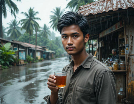 Handsome young Asian man holding a glass of hot tea in the rain.の素材